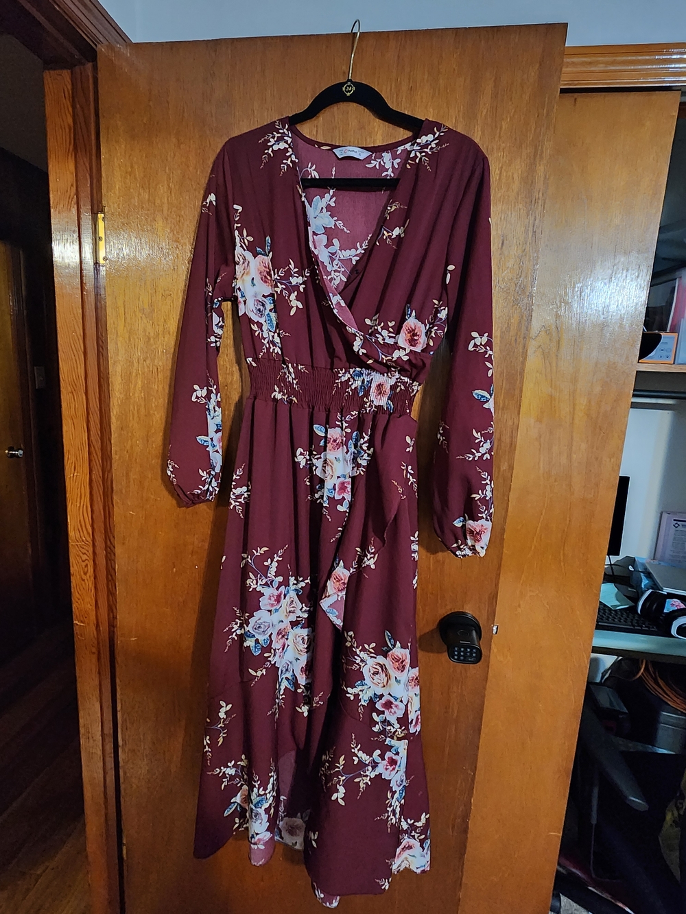 PatPat Burgundy Floral Wrap Maxi Dress with Long Sleeves